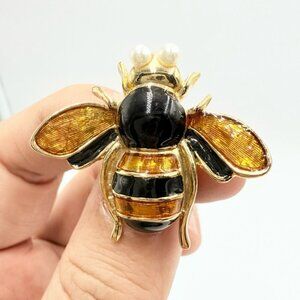 Vintage Gold-tone Enamelled Pearls Accent Bee Brooch